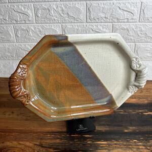 Vintage Studio Pottery Octagonal Platter • Signed Abstract Design-Molded Handles